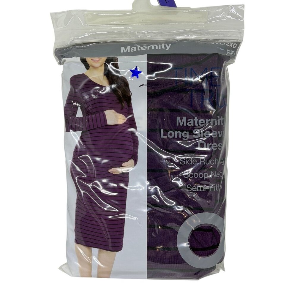NEW Time and Tru Maternity LS Dress 2XL‎ (20) Purple Black Stripes Semi-Fitted